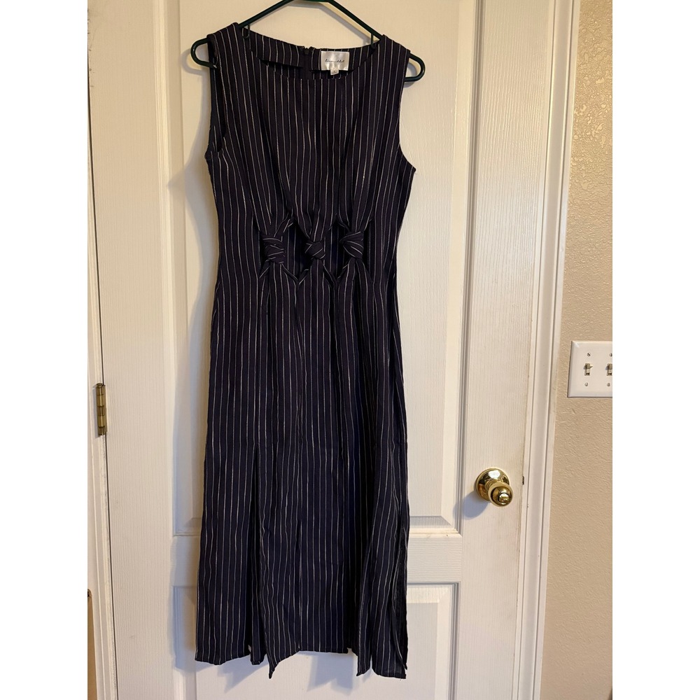 Line & Dot Navy Pinstripe Knotted Cutout Midi Dress Cotton Linen Blend Small